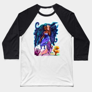 mermaid with flowing braids , sea shell, coral 2 , brown eyes curly Afro hair and caramel brown skin Baseball T-Shirt